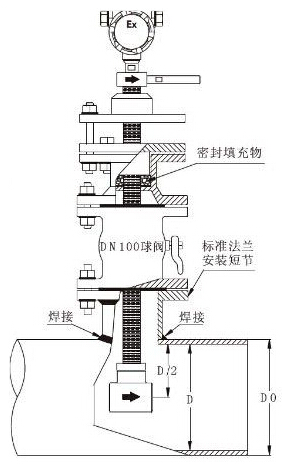 插(chā)入式(shì)渦(wō)街(jiē)流量(liàng)計安裝示(shì)意圖(tú)